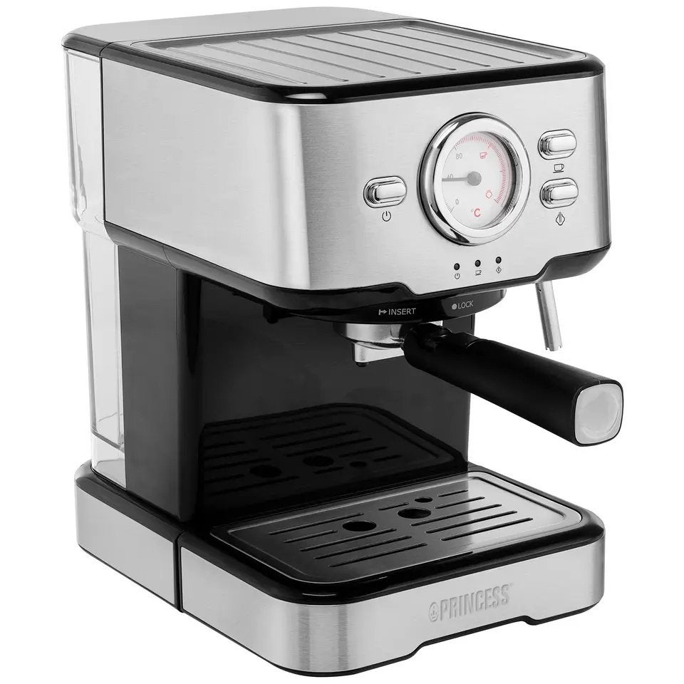 Princess 249412 Espressomachine/cup - Zilver/Zwart, Ophalen, Afneembaar waterreservoir, Espresso apparaat, Gemalen koffie