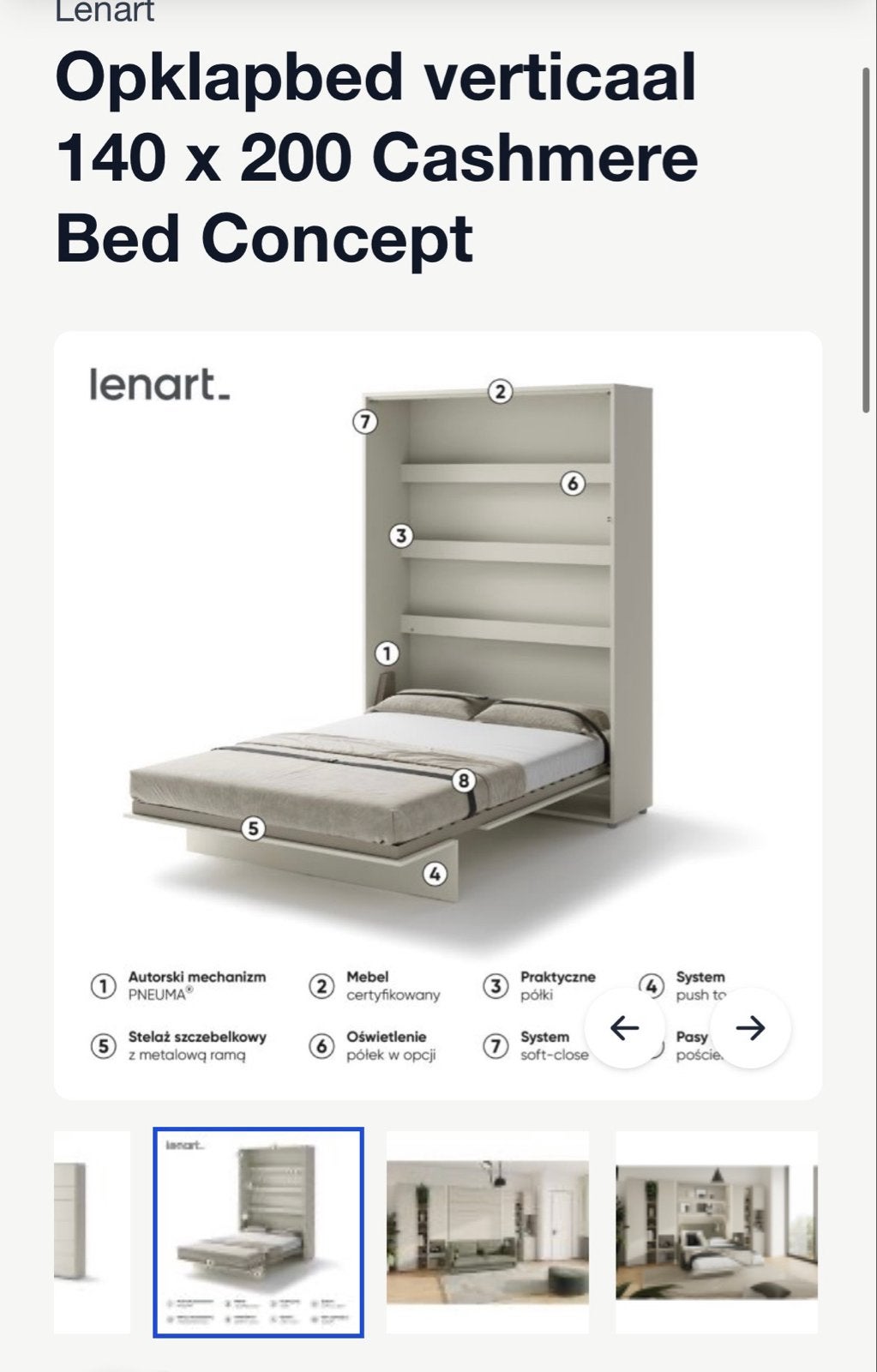 Opklapbed verticaal 140x200 Cashmere Bed Concept, Ophalen, Beige, 140 cm, 200 cm