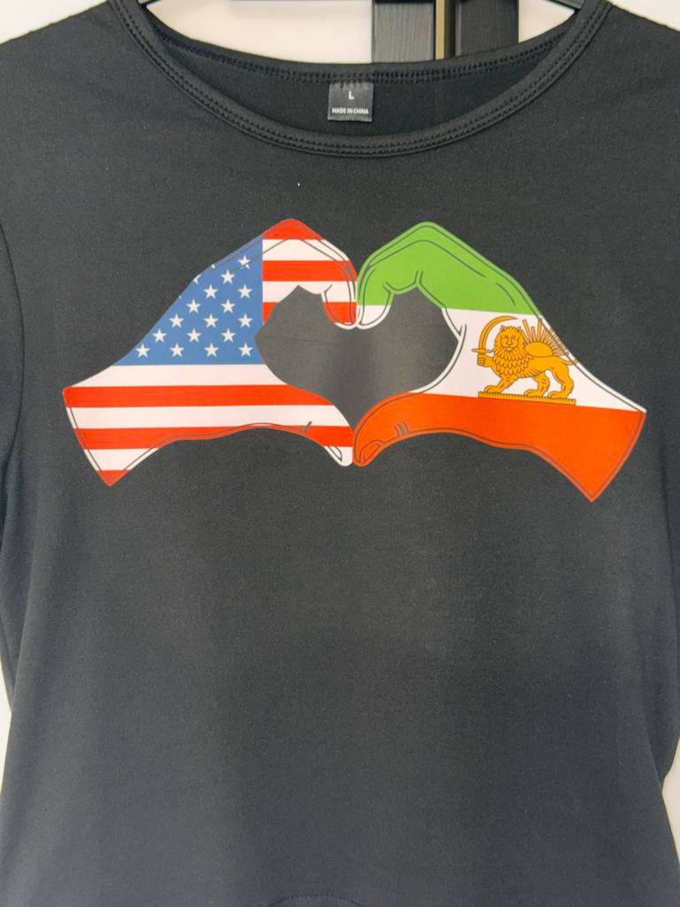 Zwart T-shirt met Perzisch en Amerikaans vlag design, Ophalen of Verzenden, Zo goed als nieuw, Zwart