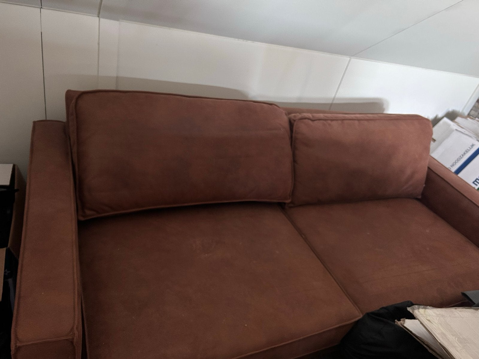 Comfortabele cognac bruine tweepersoonsbank, Ophalen, Gebruikt, 150 tot 200 cm, Tweepersoons