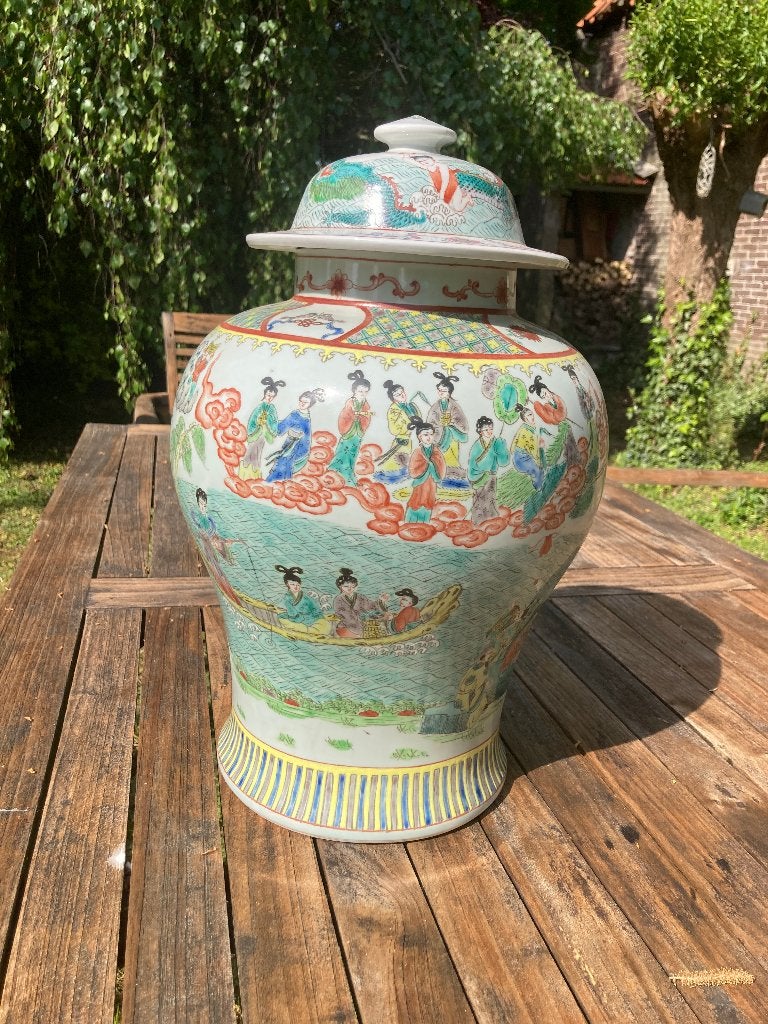 Grote Chinese dekselvaas 40 cm gemerkt, Antiek en Kunst, Ophalen of Verzenden