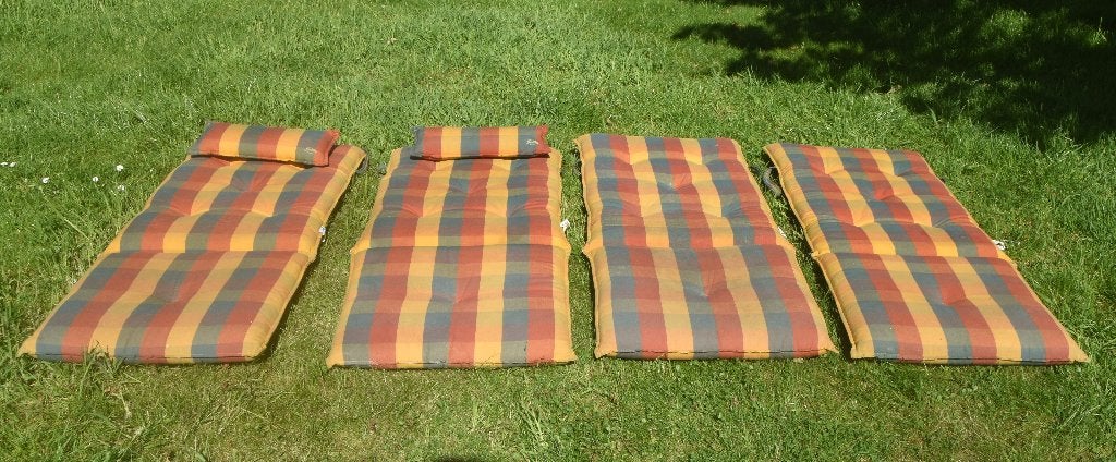 4 Fleurige Tuinstoelkussens geel blauw rood kussens, Verzenden, Gebruikt