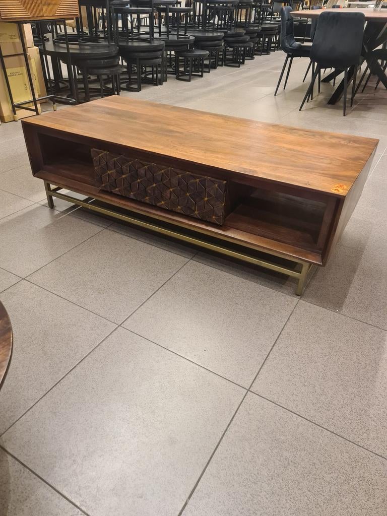 Nieuwe icathcers hexagon salontafel walnoot 140x65cm €145, Ophalen, Hout, ., Nieuw