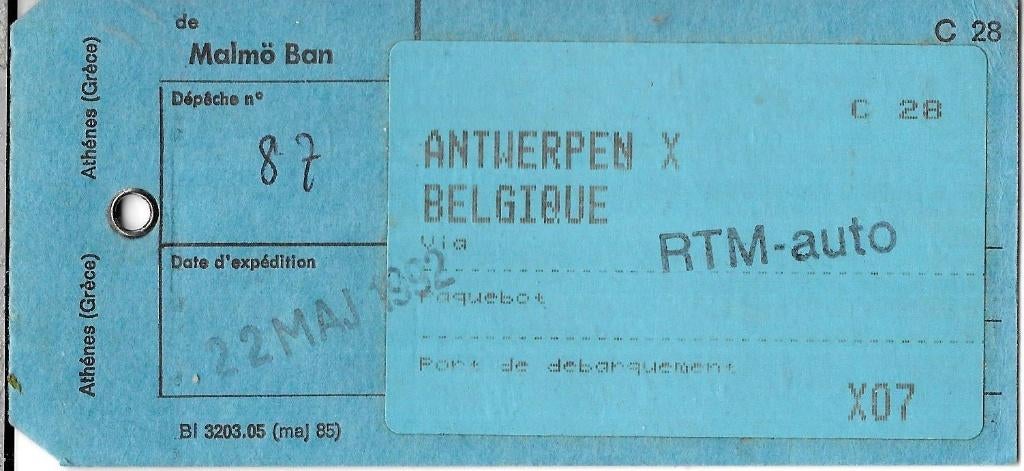Zaklabel van Malmö met de Auto via Rotterdam naar Antwerpen, Ophalen of Verzenden, Gestempeld, Overige thema's