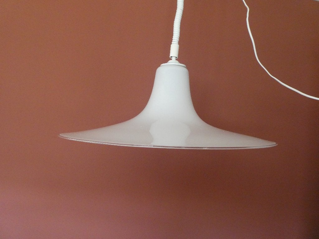 Grote wit glazen heksenhoed hanglamp, Gebruikt, Jaren 80, Glas, E27 (groot)