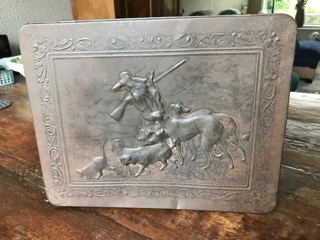 Oud Koekblik met Jachttafereel 32x26x9 cm., Verzamelen, Blikken, Ophalen of Verzenden, Gebruikt, Koek(jes), Overige merken