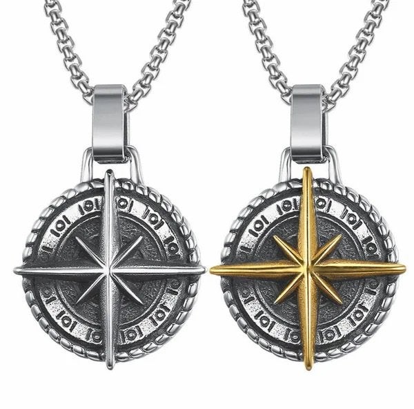 Heren ketting met kompas medaillon goud, zilver of zwart