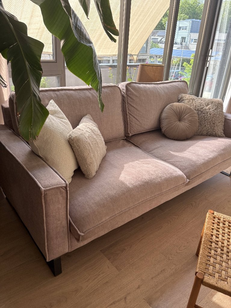 Bank Lichtbeige Velours - Zeer goed staat | 210cm breed, Huis en Inrichting, Banken | Bankstellen, Ophalen, Overige materialen