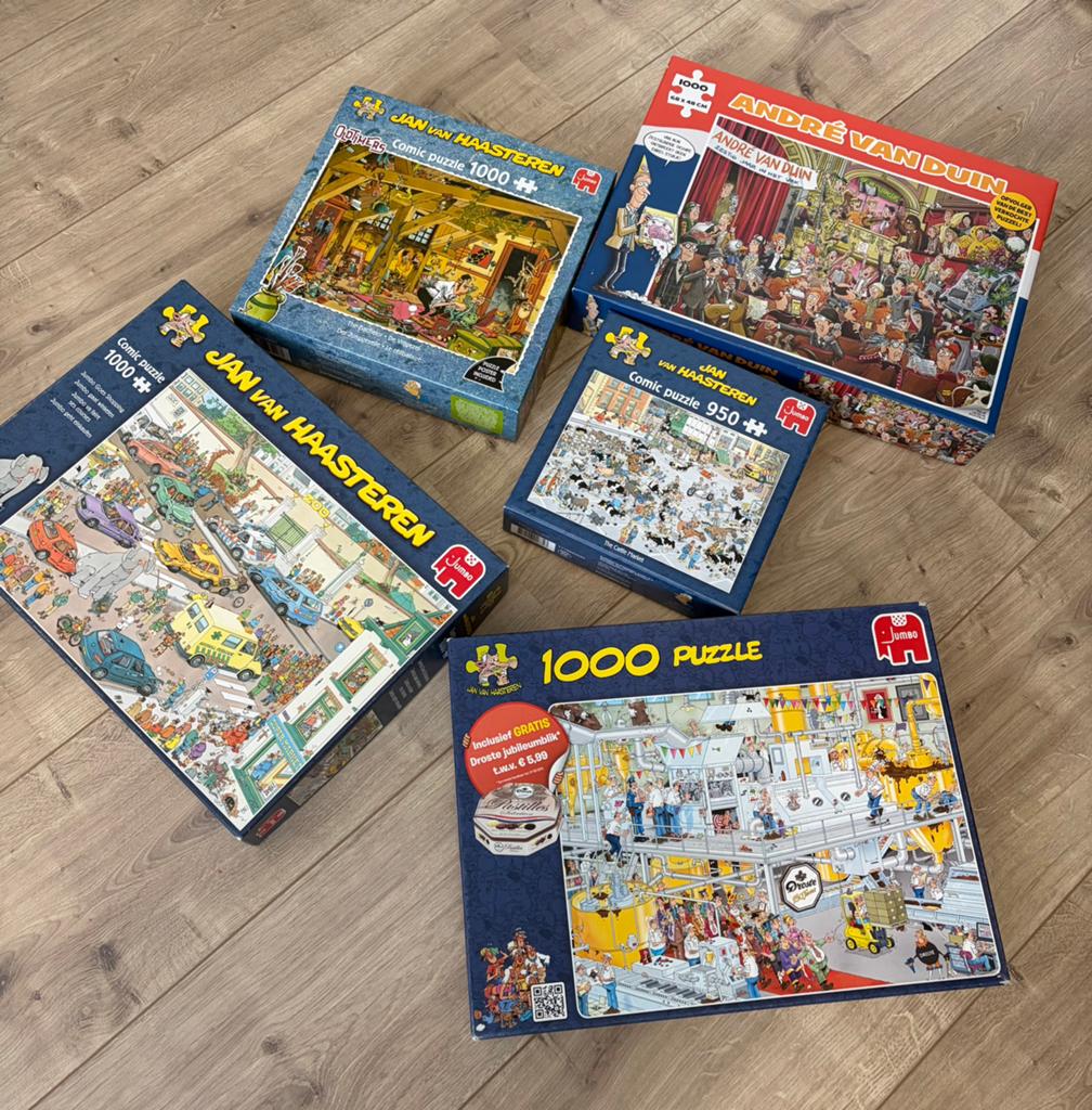 5 puzzels 1000 Jan van Haasteren en André van Duin, Hobby en Vrije tijd, Denksport en Puzzels, Ophalen, 500 t/m 1500 stukjes, Zo goed als nieuw