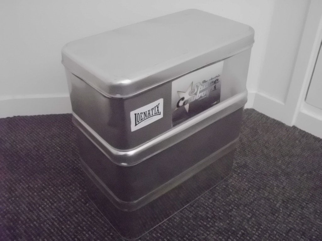 3 x oude gebruikte, grote metaalkleur opbergblikken stickers, Ophalen, Gebruikt, Overige