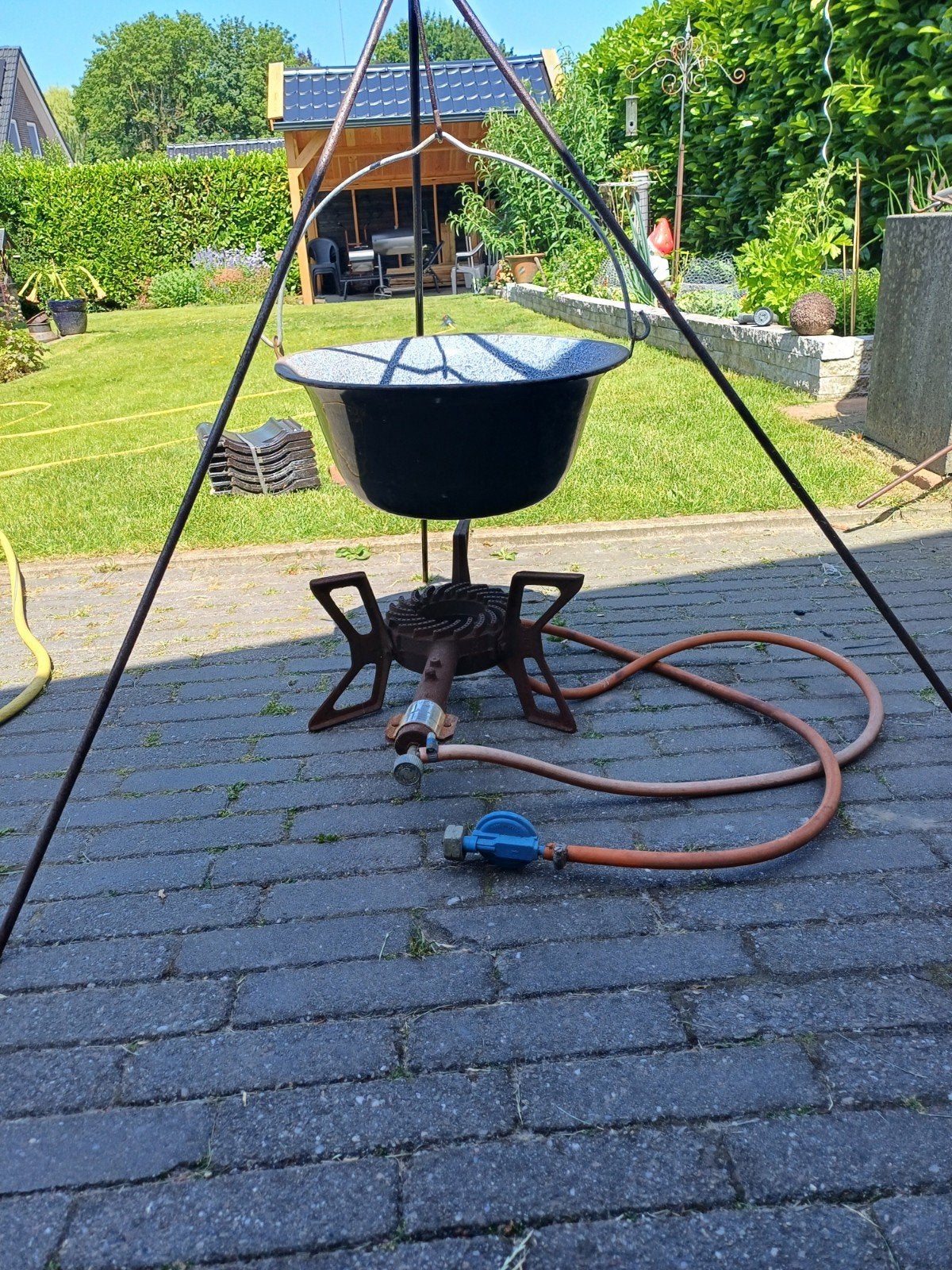 Gaskookstel met driepoot en emaille pan, Ophalen, Gebruikt
