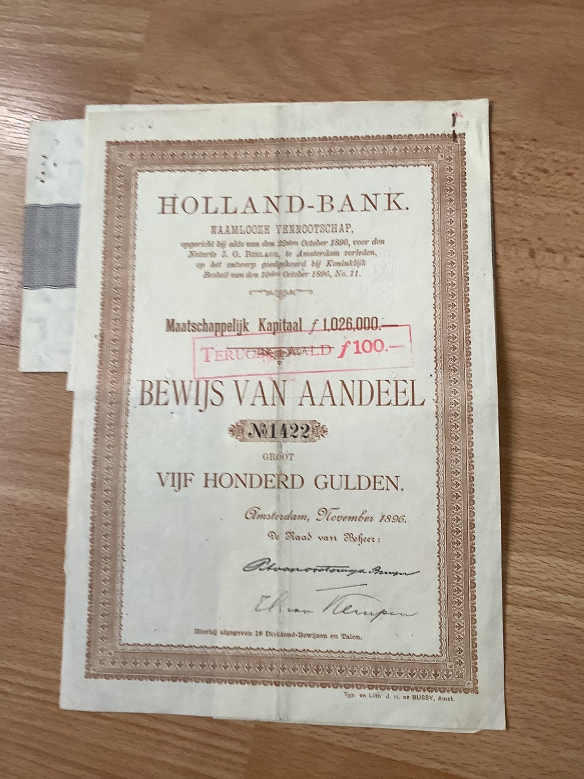 Aandeel van de Holland-bank, Ophalen of Verzenden, Voor 1920, Aandeel