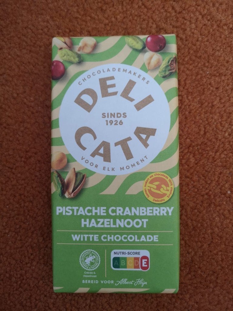 Delicata Reep witte chocolade pistache cranberry 150g, Diversen, Ophalen of Verzenden