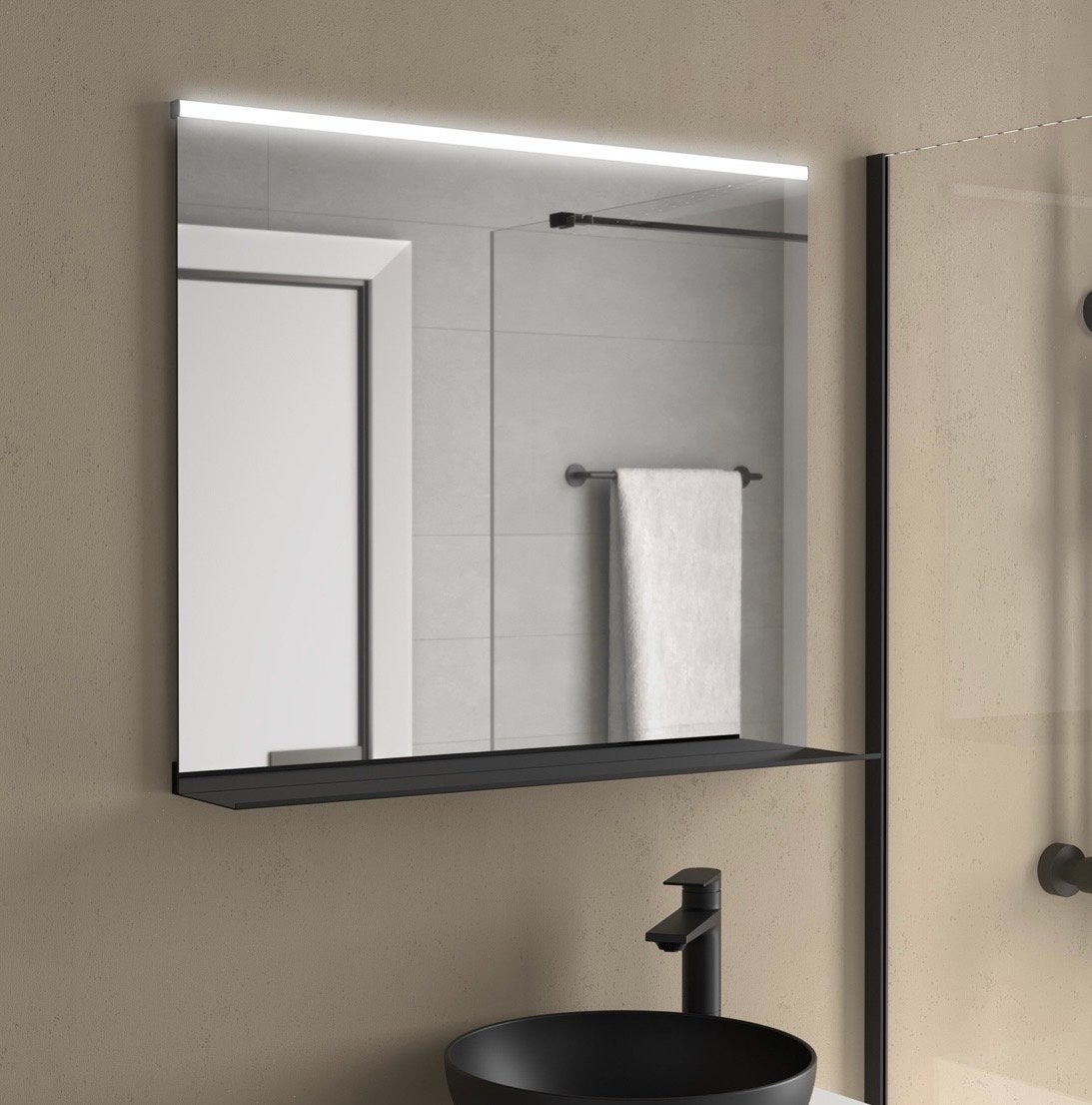 Baden spiegel met LED verlichting en plank - 80x79 cm, Ophalen of Verzenden, Nieuw, Rechthoekig, 75 tot 100 cm