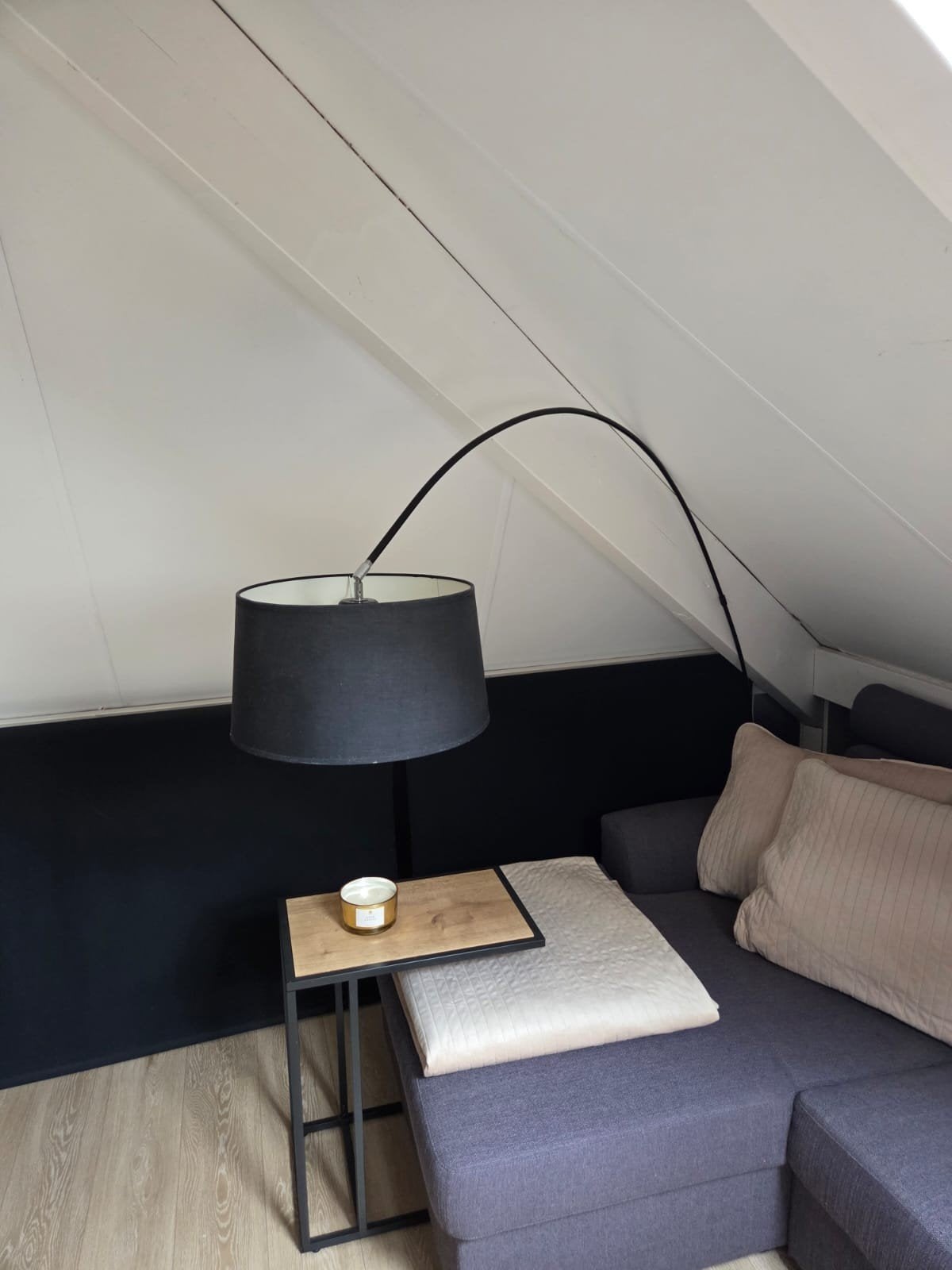 Moderne booglamp met zwarte kap, Gebruikt, Textiel, Modern, minimalistisch, 150 tot 200 cm