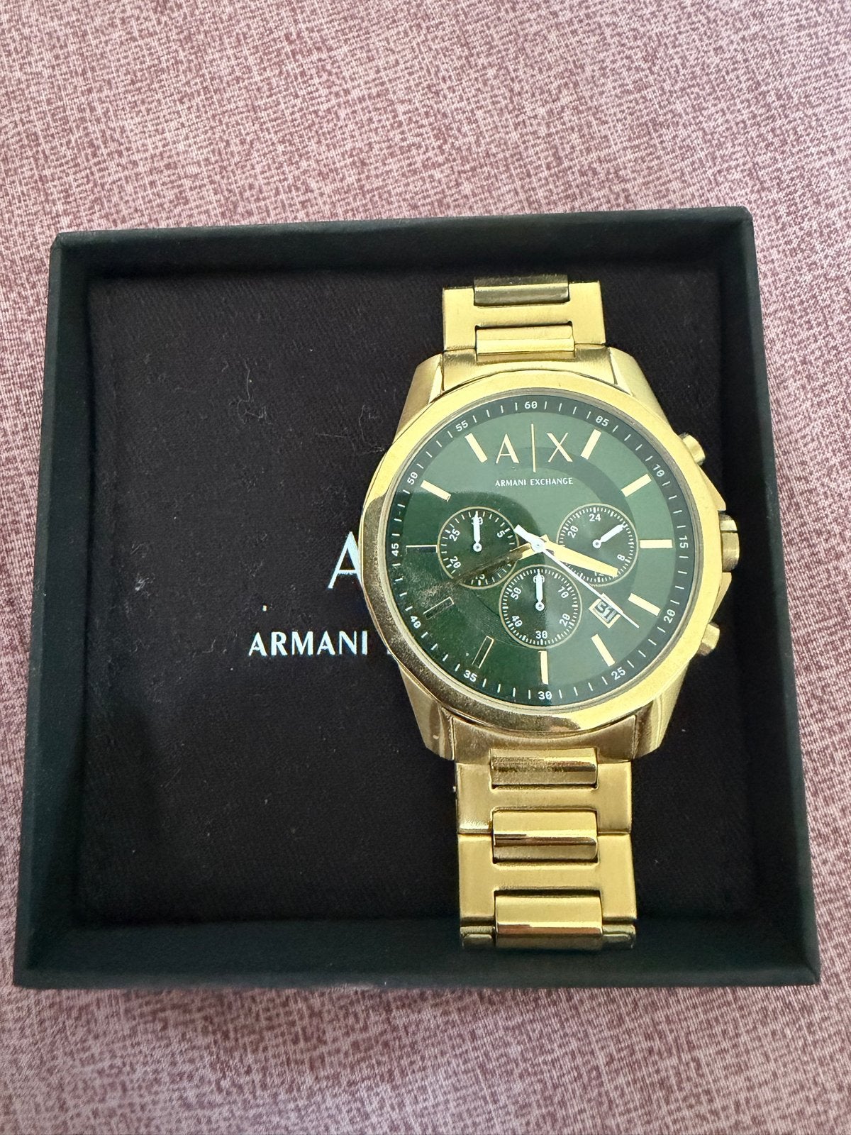 Armani Exchange herenhorloge goudkleurig met groene wijzerpl, Staal, Polshorloge, Zo goed als nieuw, Ophalen