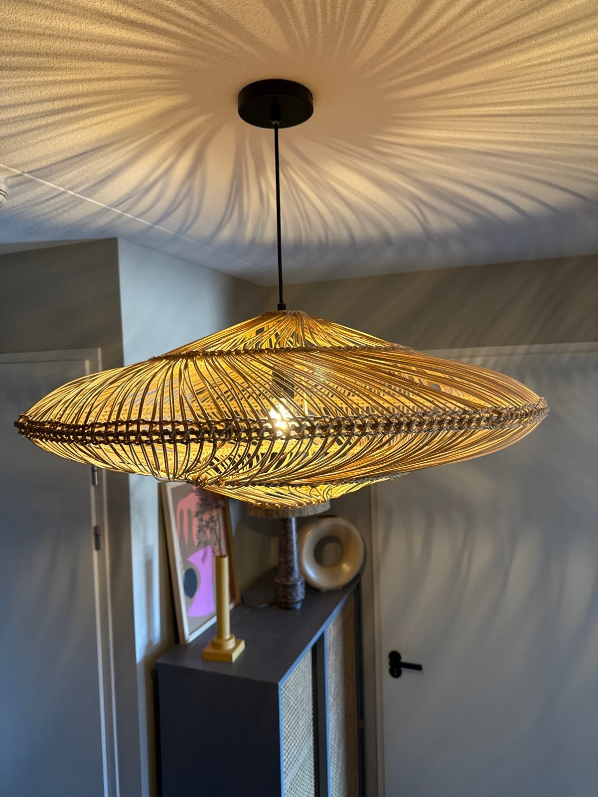 Hkliving rotan hanglamp - Boheemse stijl, Ophalen of Verzenden, Zo goed als nieuw, Natuurlijk materiaal, E27 (groot)