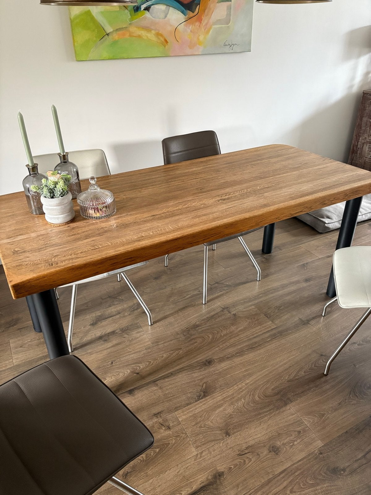 Eikenhouten tafel met 4 ijzeren poten - 180x80 cm, Ophalen, Gebruikt, 150 tot 200 cm, Eikenhout