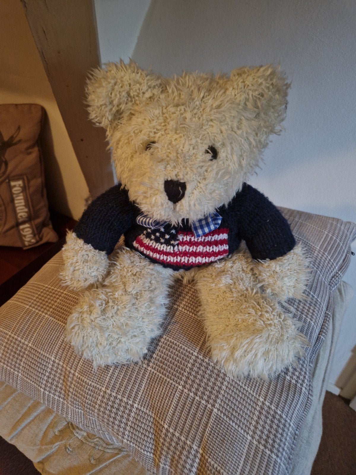 Schattige teddybeer met Amerikaanse vlag trui, Ophalen of Verzenden, Zo goed als nieuw, Overige typen