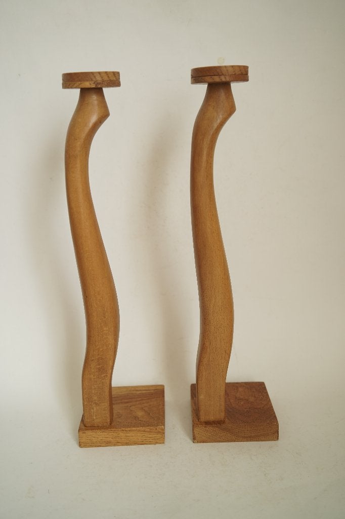 2 vintage kandelaars 42cm hoog eiken beuk hout handgemaakt, Bruin, Overige merken, Ophalen of Verzenden, Zo goed als nieuw