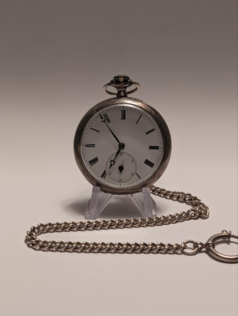 Antiek Omega Zakhorloge Zilver met Ketting 1914/1915, Zakhorloge, 1900 tot 1930, Ophalen of Verzenden, Met ketting