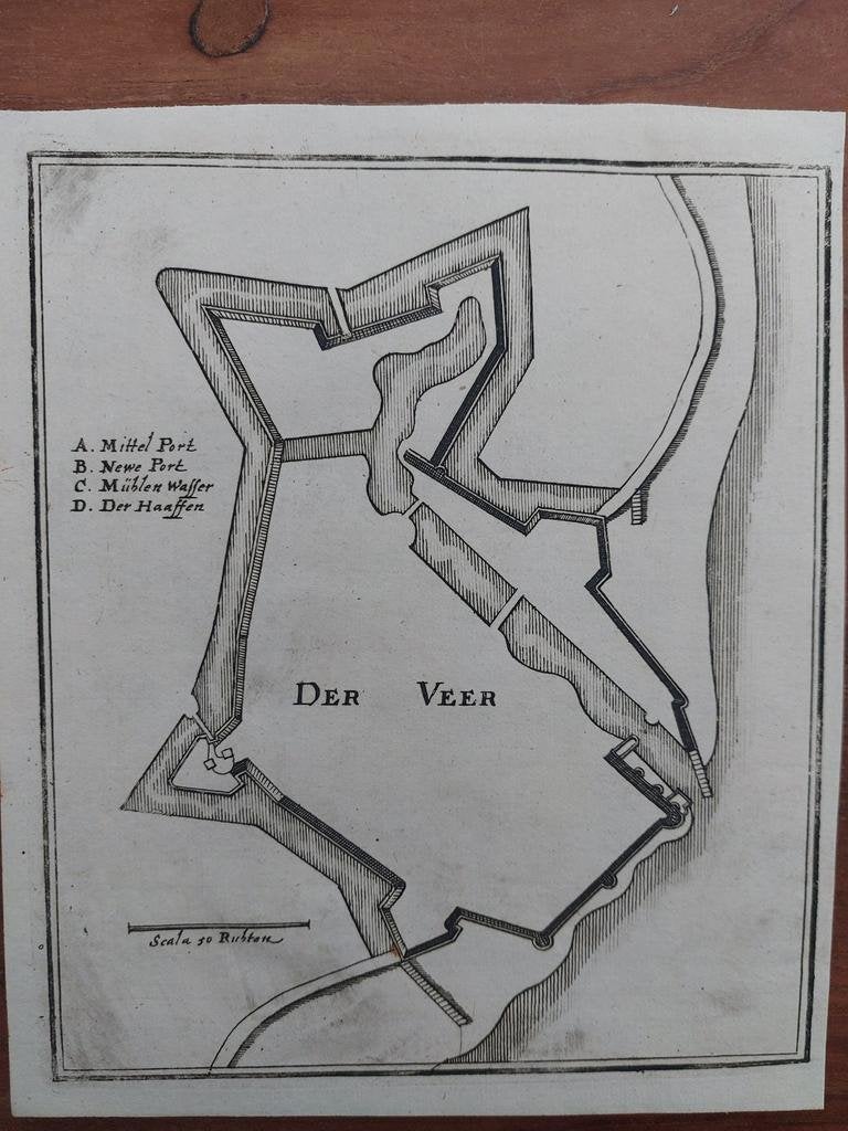 32 / Stad Der Veer - Veere   Gravure uit 1659 van C. Merian, Antiek en Kunst, Ophalen of Verzenden