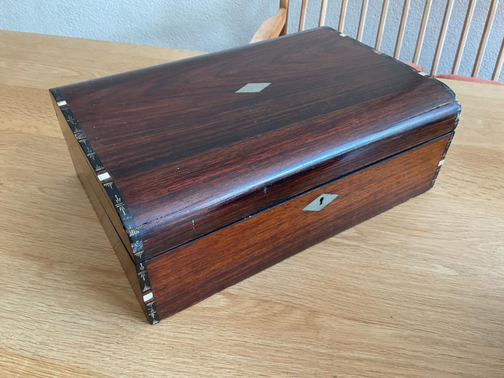 Antieke Palissander Houten Doos met Inlegwerk, Ophalen of Verzenden, Gebruikt, Minder dan 50 cm