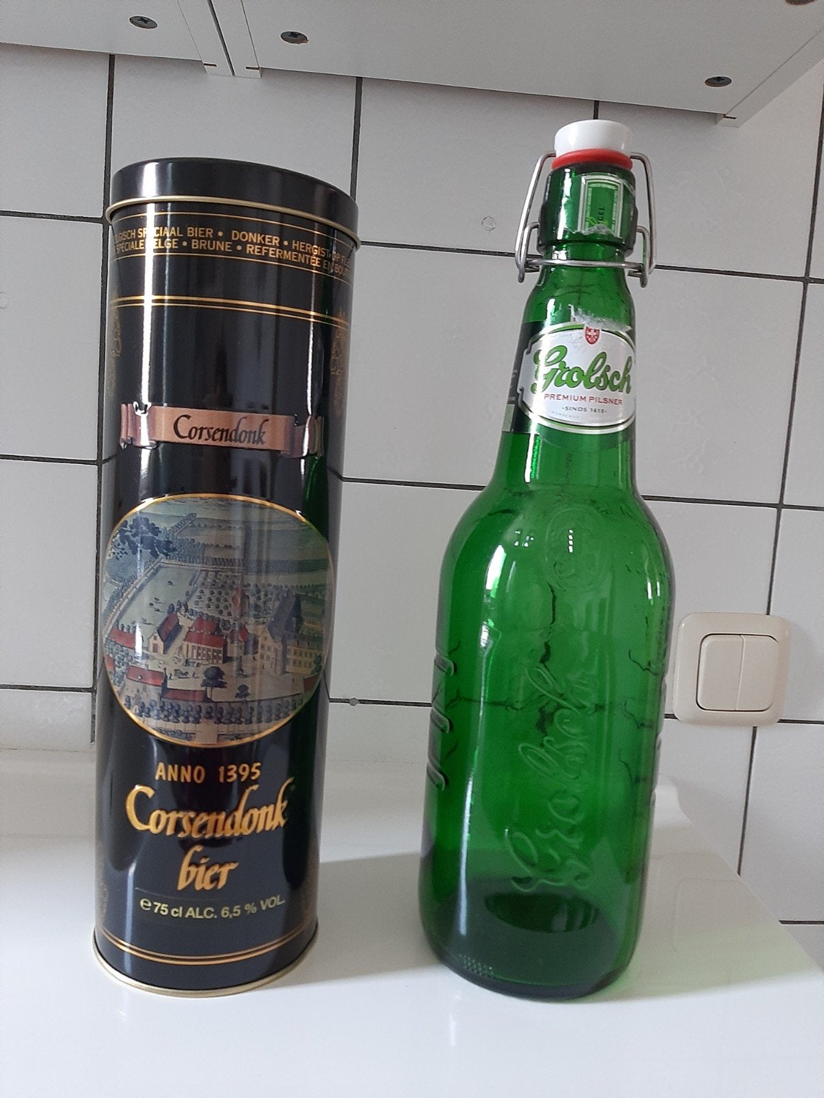 Grolsch beugelfles en Corsendonk bierblik, Ophalen of Verzenden, Flesje(s), Grolsch
