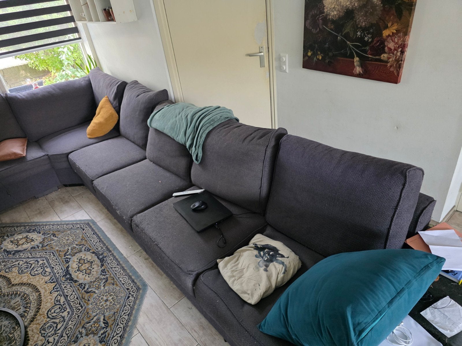Grote hoekbank, comfortabel met gebruikerssporen., Huis en Inrichting, Ophalen, Gebruikt, 100 tot 125 cm, Hoekbank