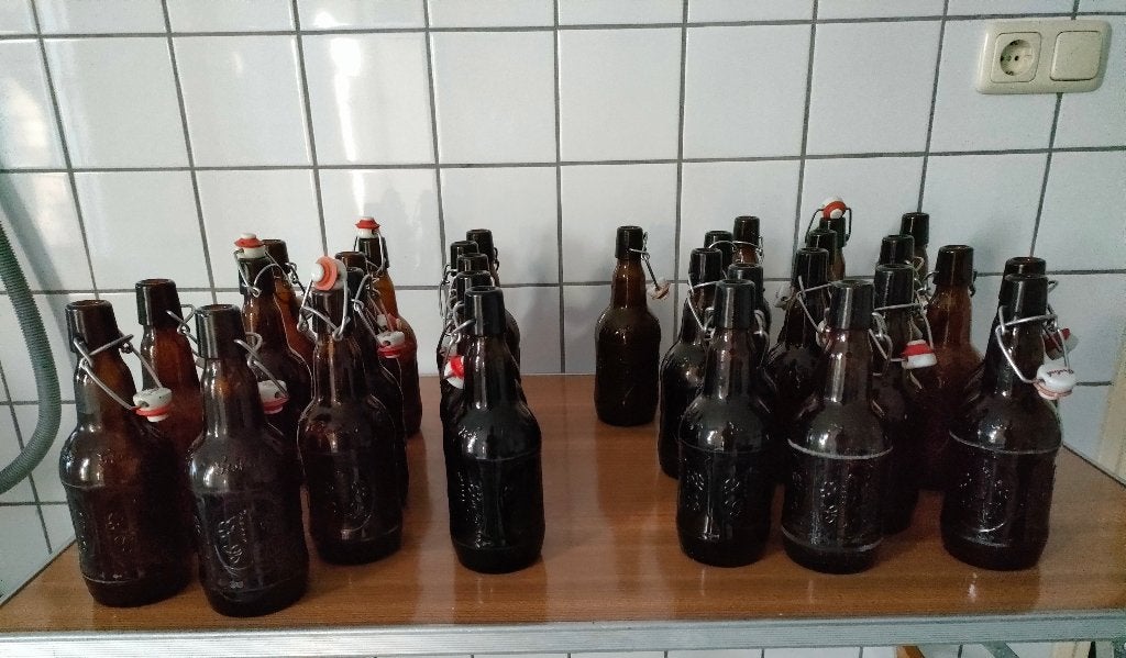 Grolsch beugelflessen met kratten voor bierbrouwen, Ophalen, Gebruikt, Flesje(s), Grolsch