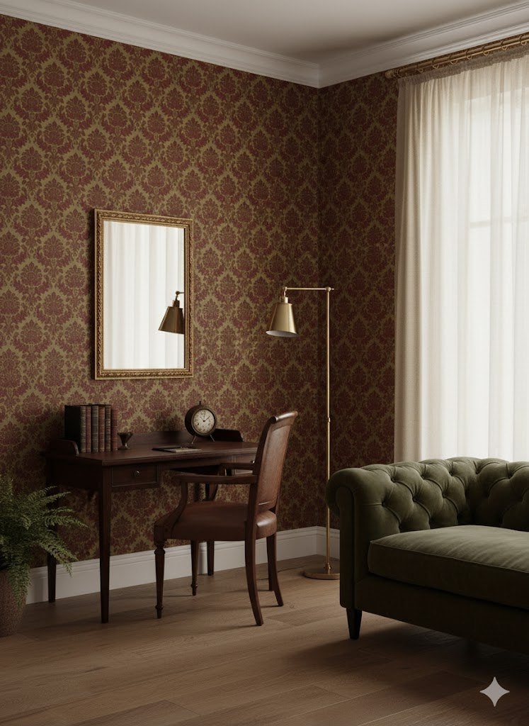 14216 ossenrood barok behang met gouden basis swiet, Verzenden, Minder dan 10 m², Groen
