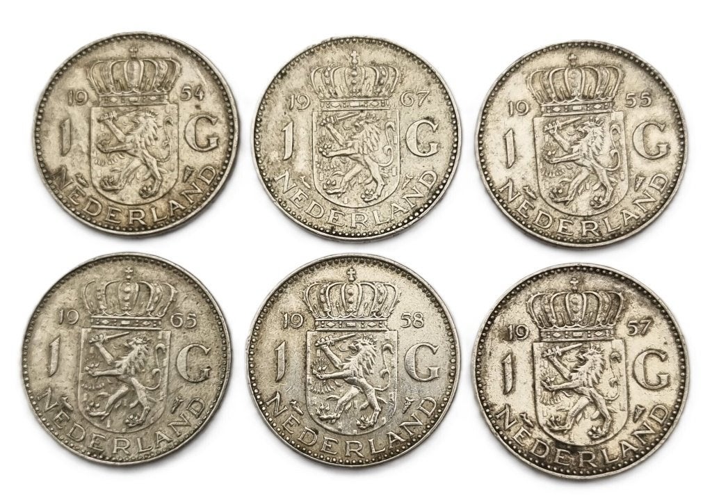 1388. Zilveren guldens, Koningin Juliana, 1954-1967, Postzegels en Munten, Munten | Nederland, Ophalen, Koningin Juliana, 1 gulden