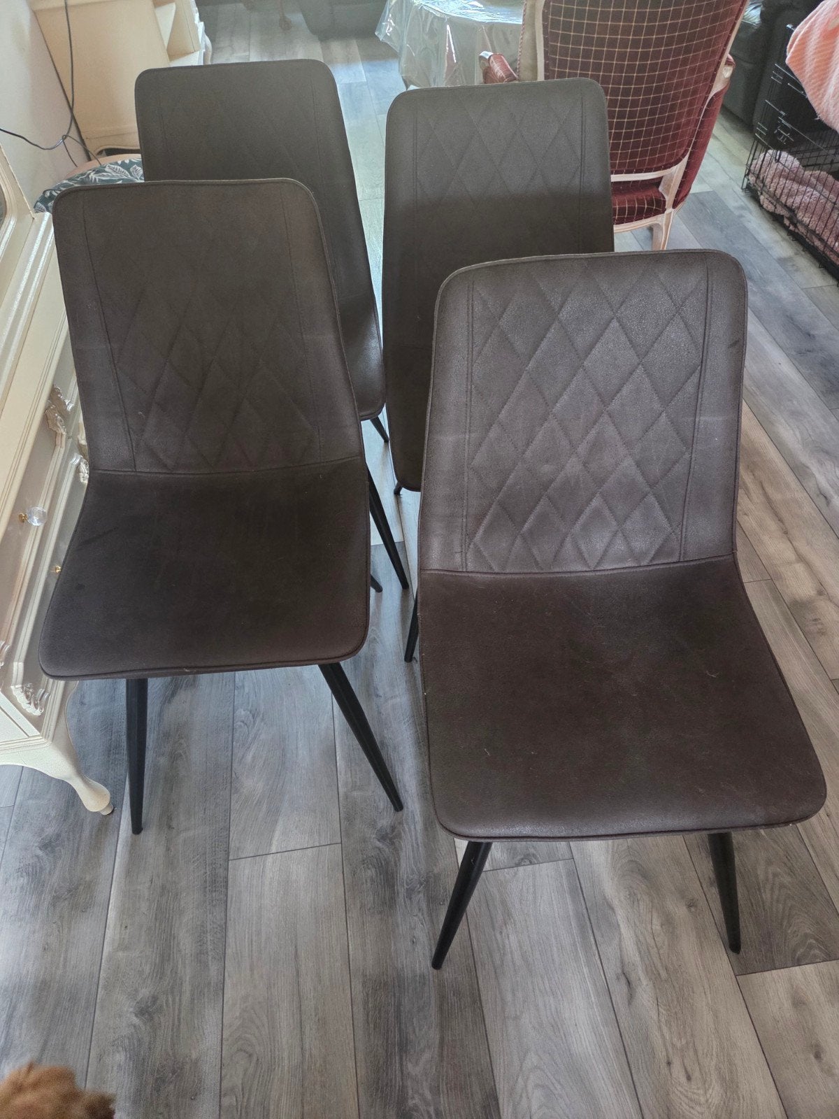 Set van 4 donkergrijze eetkamerstoelen met ruitpatroon, Huis en Inrichting, Gebruikt, Ophalen of Verzenden, Vier, Metaal