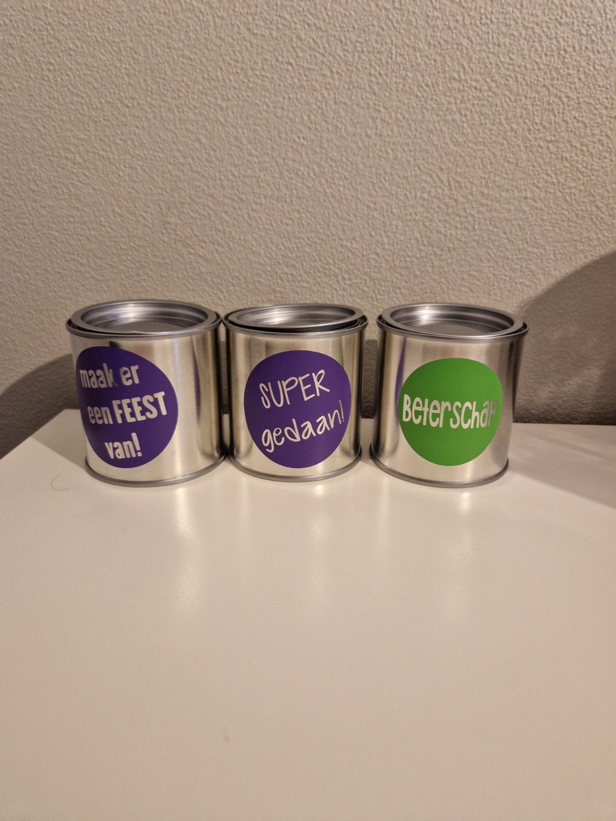 Bedrukte blikjes met leuke teksten - 3 stuks, Ophalen of Verzenden, Zo goed als nieuw, Overige, Overige merken