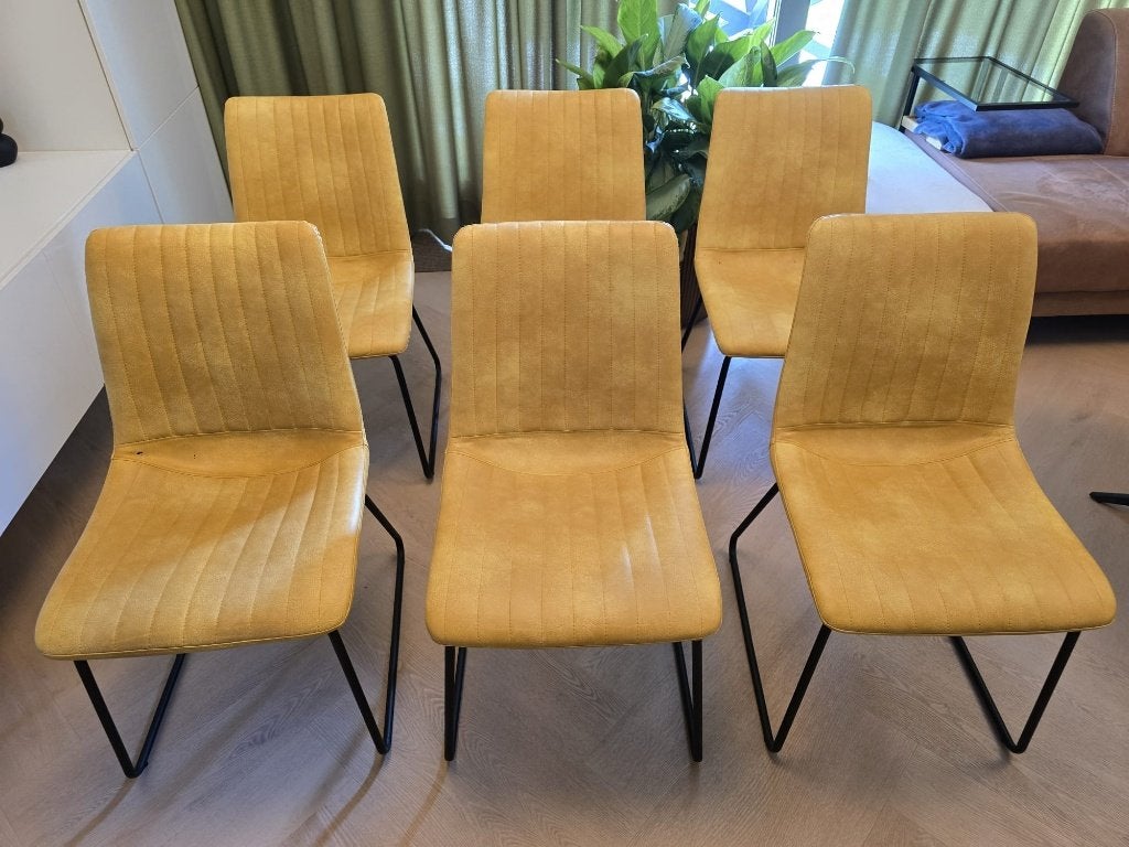 6 gele comfortabele eetkamerstoelen, Huis en Inrichting, Stoelen, Gebruikt, Ophalen of Verzenden, Vijf, Zes of meer stoelen, Modern en industrieel