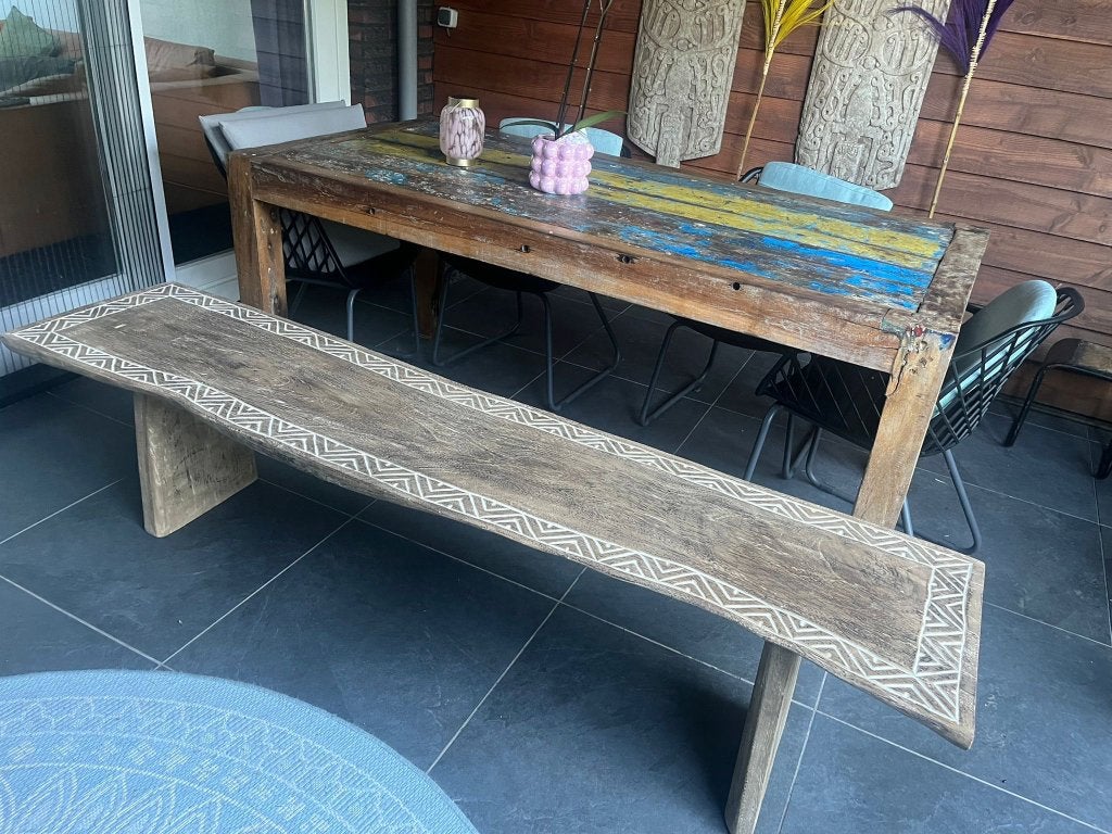Bali suar hout bank houtsnijwerk Indonesie Boho Ibiza 2 m, Tuin en Terras, Verburgt Vintage, Nieuw, Ophalen of Verzenden, https://verburgtvintage.nl/#contact