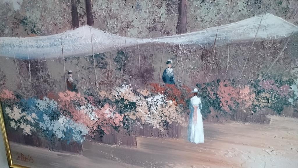 Groot schilderij van Lee Reynolds "dame op bloemenmarkt", Antiek en Kunst, Kunst | Schilderijen | Klassiek, Ophalen