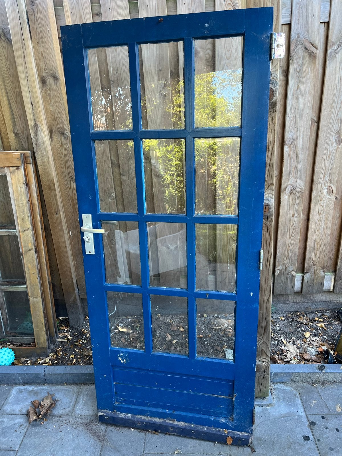 Blauwe houten buitendeur met glas, Ophalen, Gebruikt, Minder dan 80 cm, Minder dan 200 cm