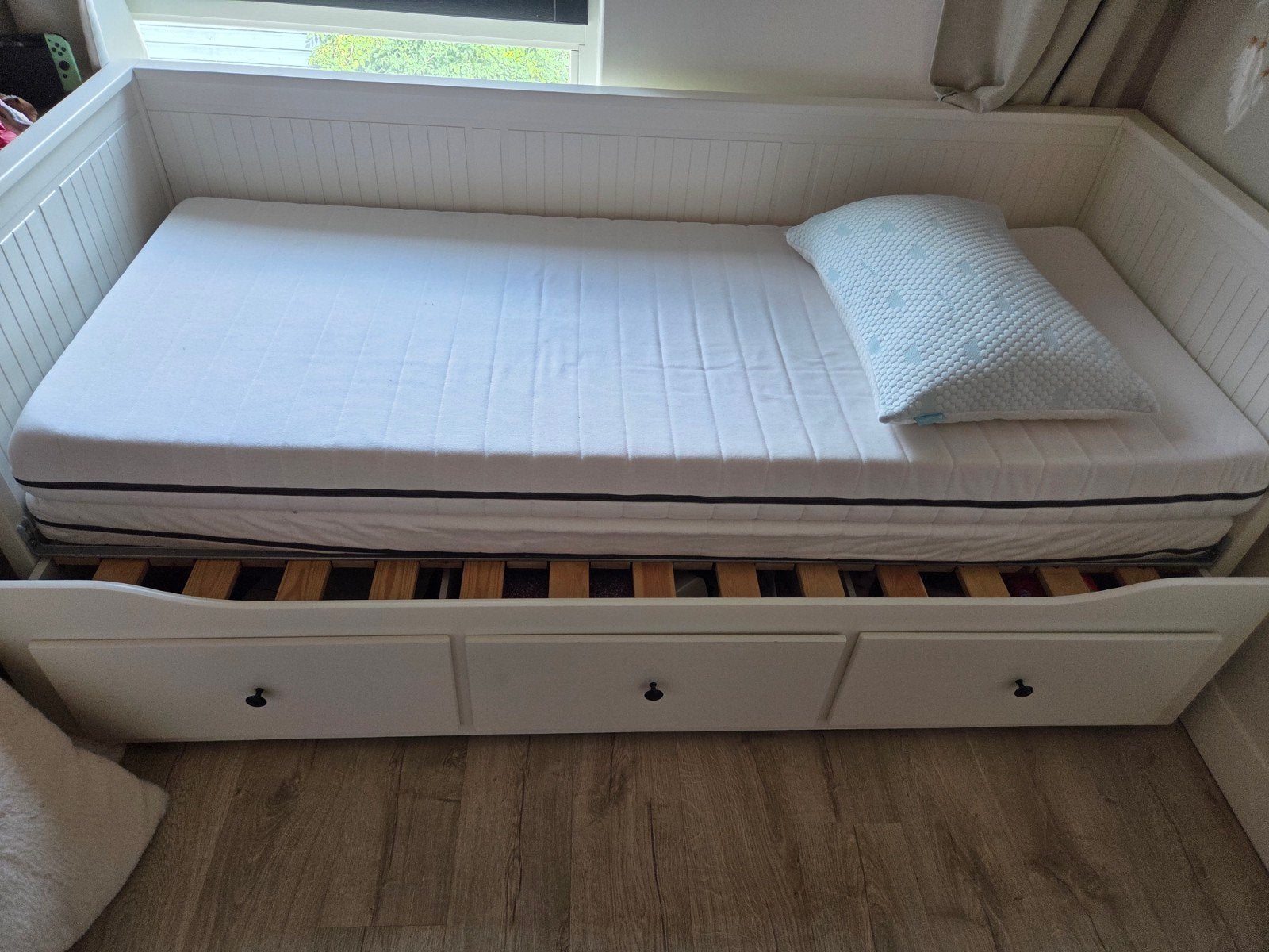 Hemnes bed Ikea wit, Ophalen, Gebruikt, 70 tot 85 cm, Matras