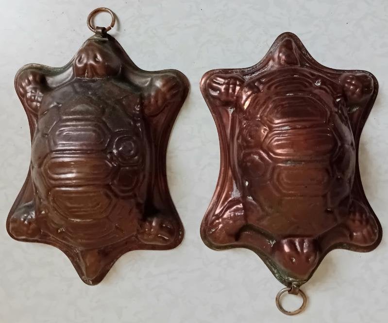 2 Rood koperen cake/taartvormpjes schildpad, Ophalen of Verzenden, Gebruikt, Natuurlijk materiaal