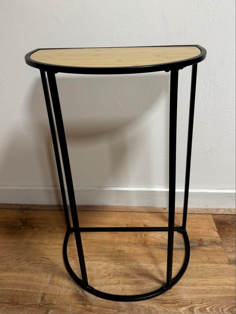 Zijtafel zwart staal met houten blad, demontabel, Huis en Inrichting, Tafels | Bijzettafels, Ophalen, Minder dan 55 cm, Gebruikt