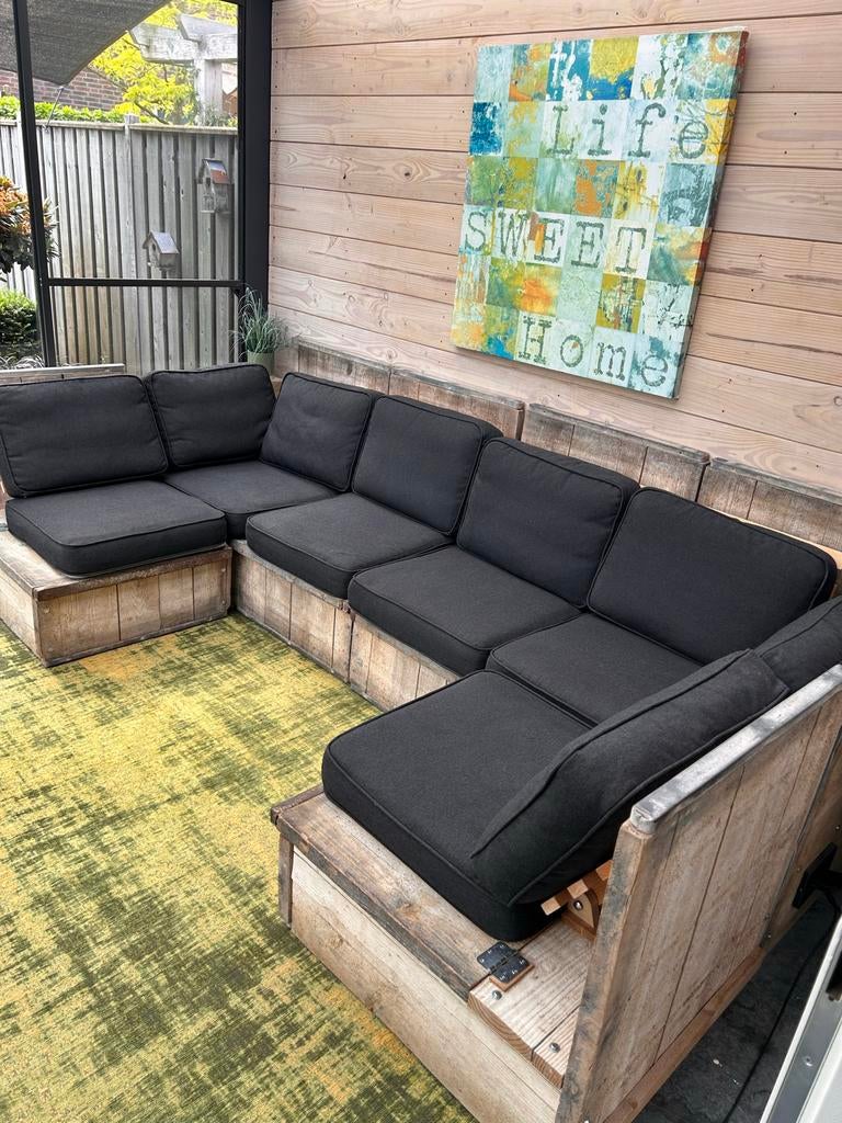 Steigerhouten Loungeset met Zwarte Kussens, Meer dan 8 zitplaatsen, Steigerhout, Ophalen of Verzenden, Zo goed als nieuw