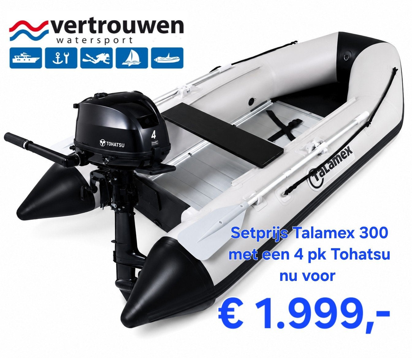 Set aanbieding talamex aqualine 300 met 4 pk Tohatsu 4t, Watersport en Boten, Ophalen, Aluminium, 4 pk, 3 m