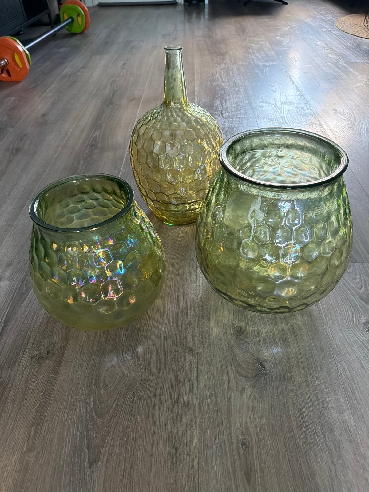 Set van 3 Groene Glazen Vazen met Honingraatpatroon, Ophalen, Met patroon/structuur, Groen, Glas