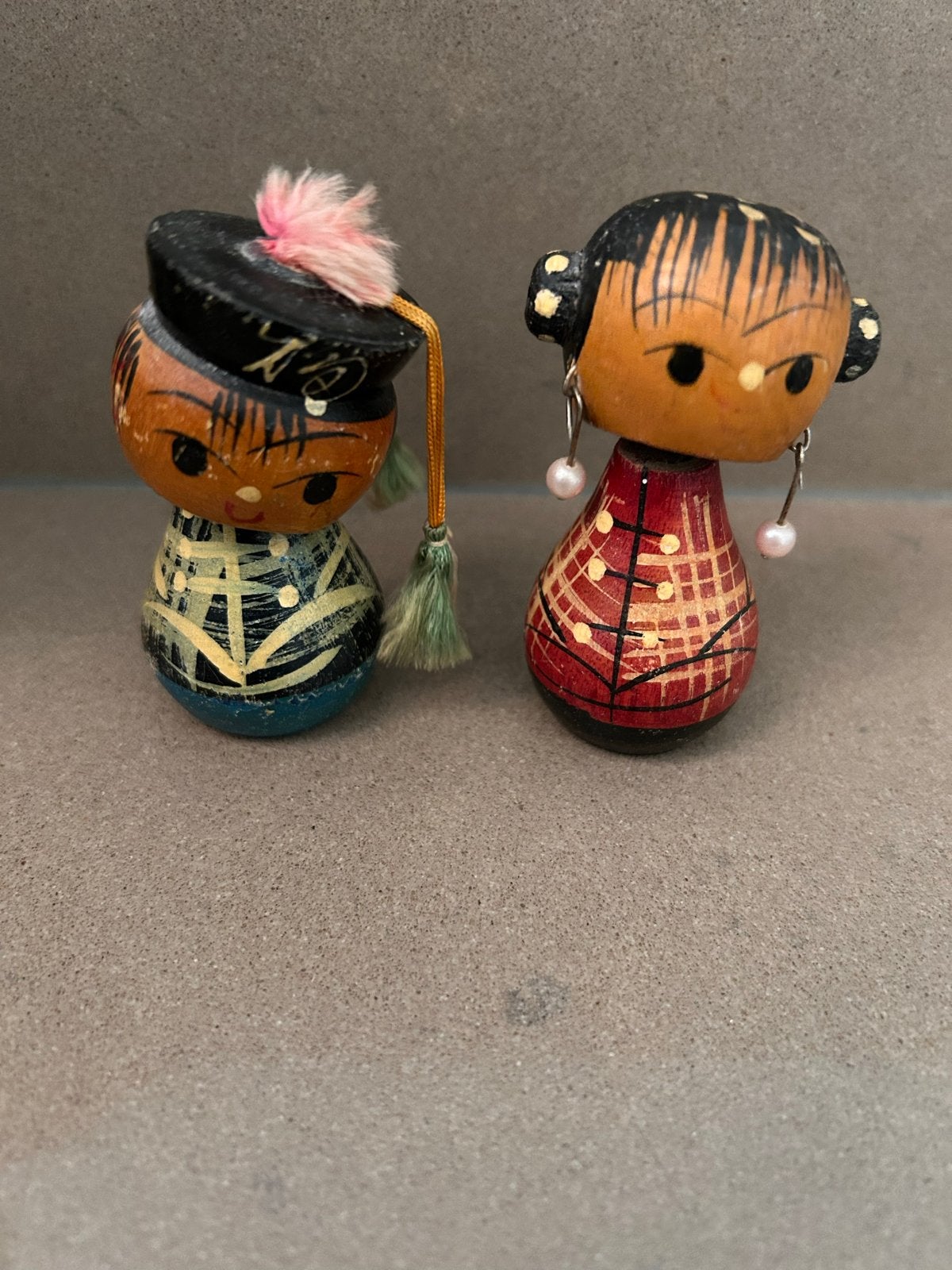 Set van 2 Vintage Japanse Kokeshi Bobblehead Poppetjes, Ophalen of Verzenden, Gebruikt, Overige typen
