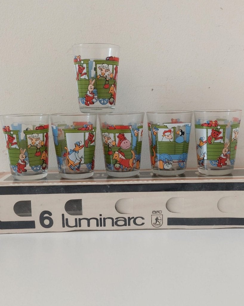 6 Vintage luminarc Kind glazen Doos Trein  Dieren Jaren 70, Verzamelen, Eu, Eu, Overige typen, Nieuw