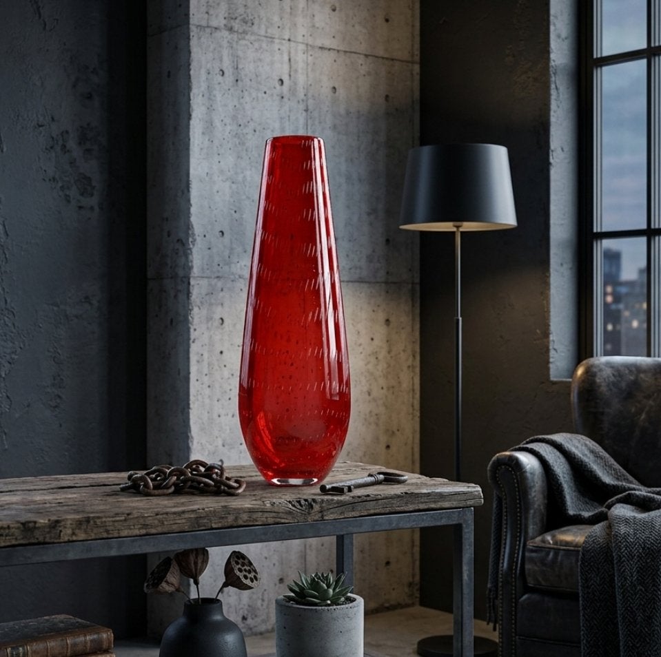 Grote rode glazen vaas met bubbels en patroon, Ophalen of Verzenden