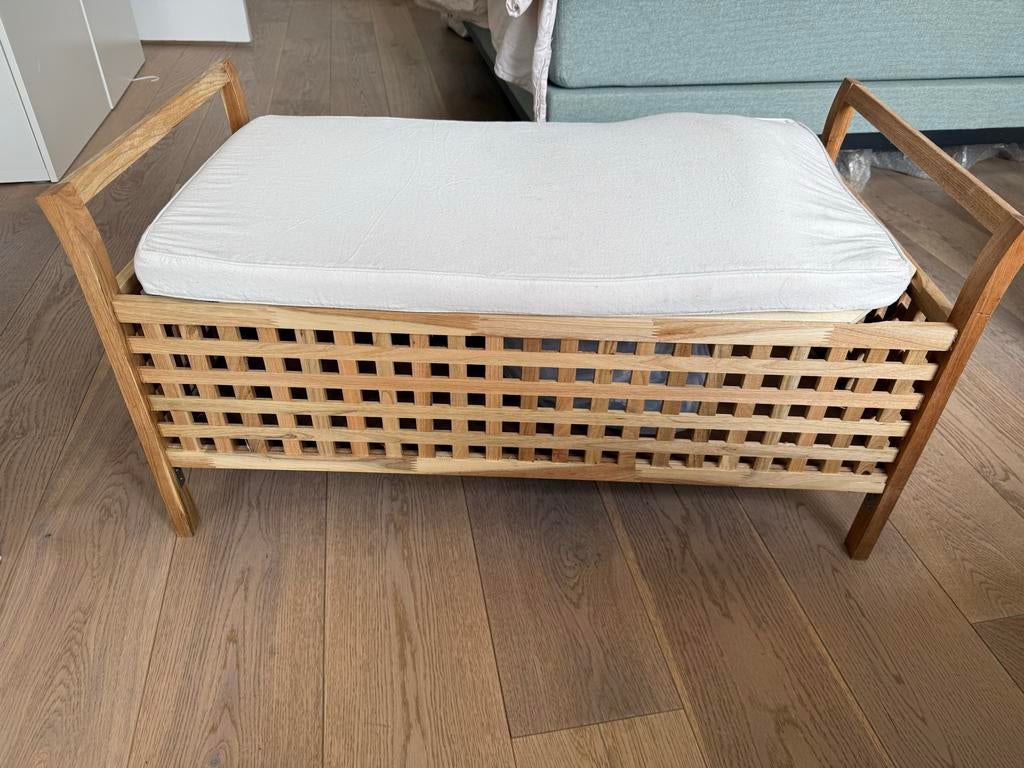 Houten bankje met opbergruimte en kussen, Huis en Inrichting, Ophalen, Gebruikt, 50 tot 75 cm, 75 tot 100 cm