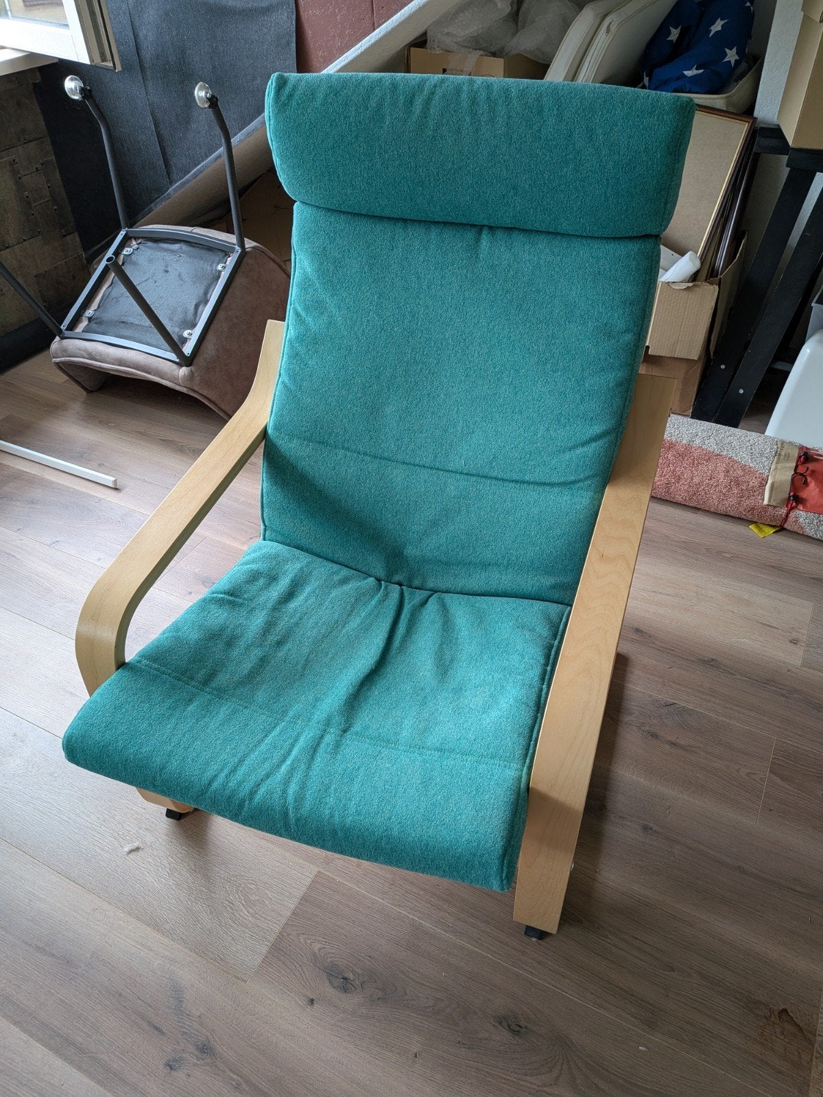 2x IKEA Poäng fauteuil – berken/zwart – groen & geel kussen, Ophalen, Gebruikt, Twee