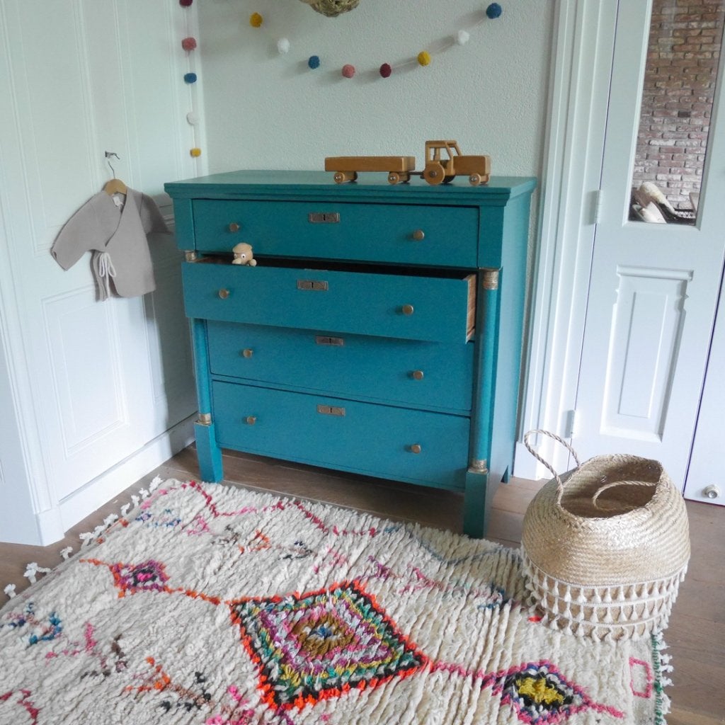Vintage commode ladekast donkerblauw groen, Ophalen, Gebruikt, 50 tot 70 cm, 100 cm of meer